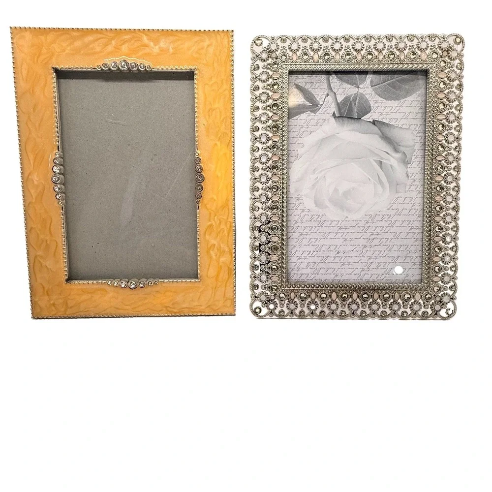Pair Jeweled 4x6 Picture Frames Enamel Rhinestone Pearl Hollywood Regency